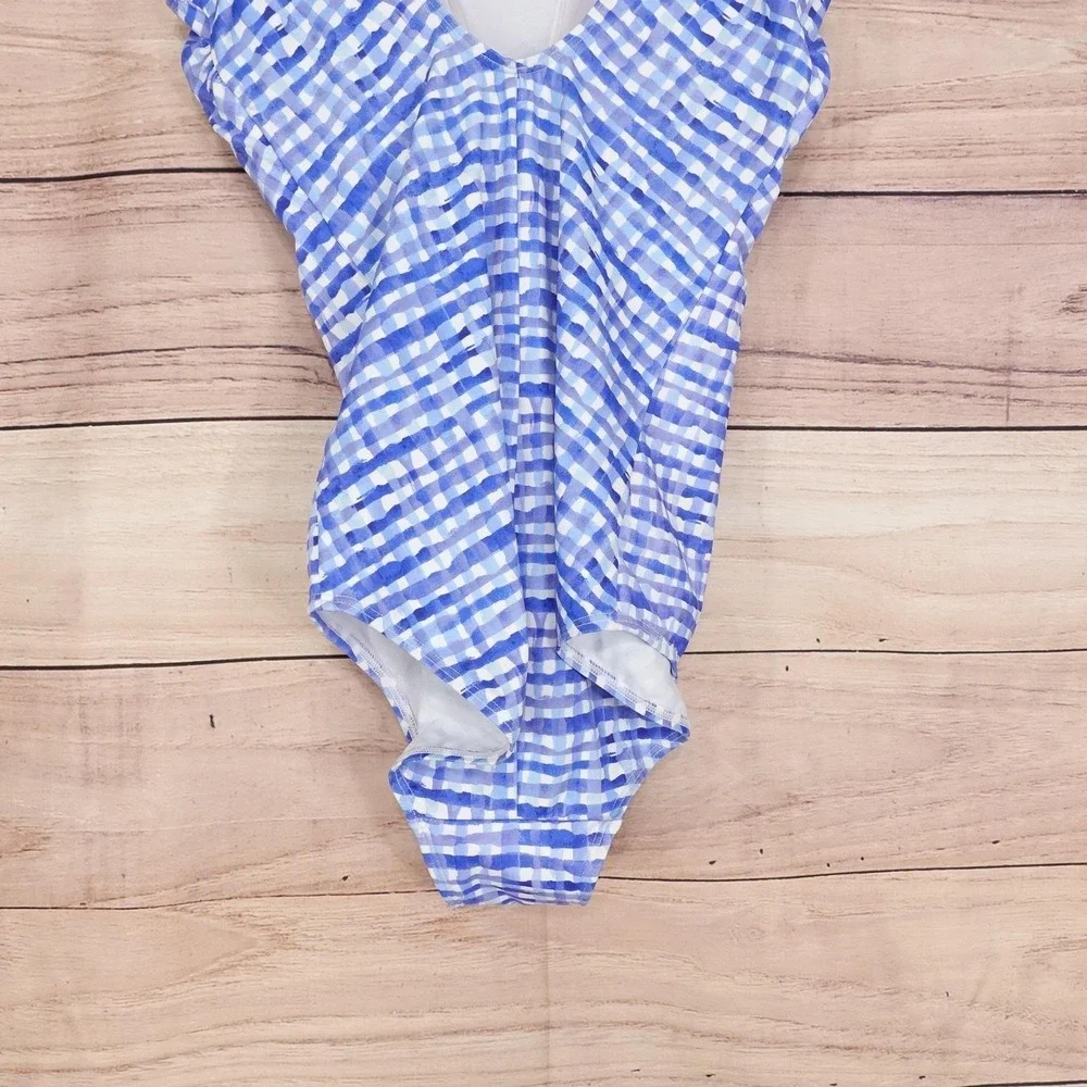 L.L.Bean‎ Swimsuit Womens 12 Long Blue Gingham One Piece UPF 50+ UV Tall